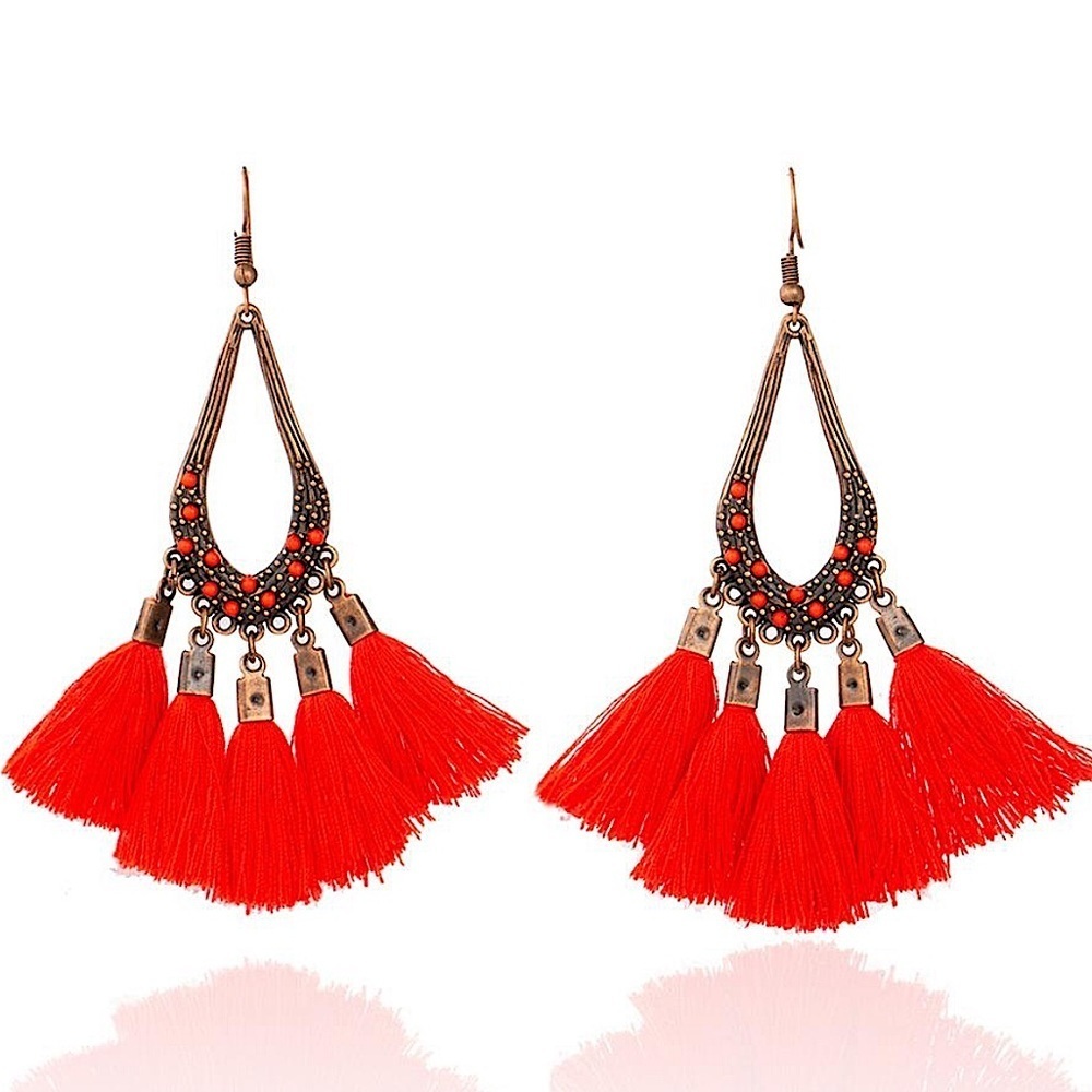 Boho Bronze Red Yarn Tassel Drop Fashion Earrings